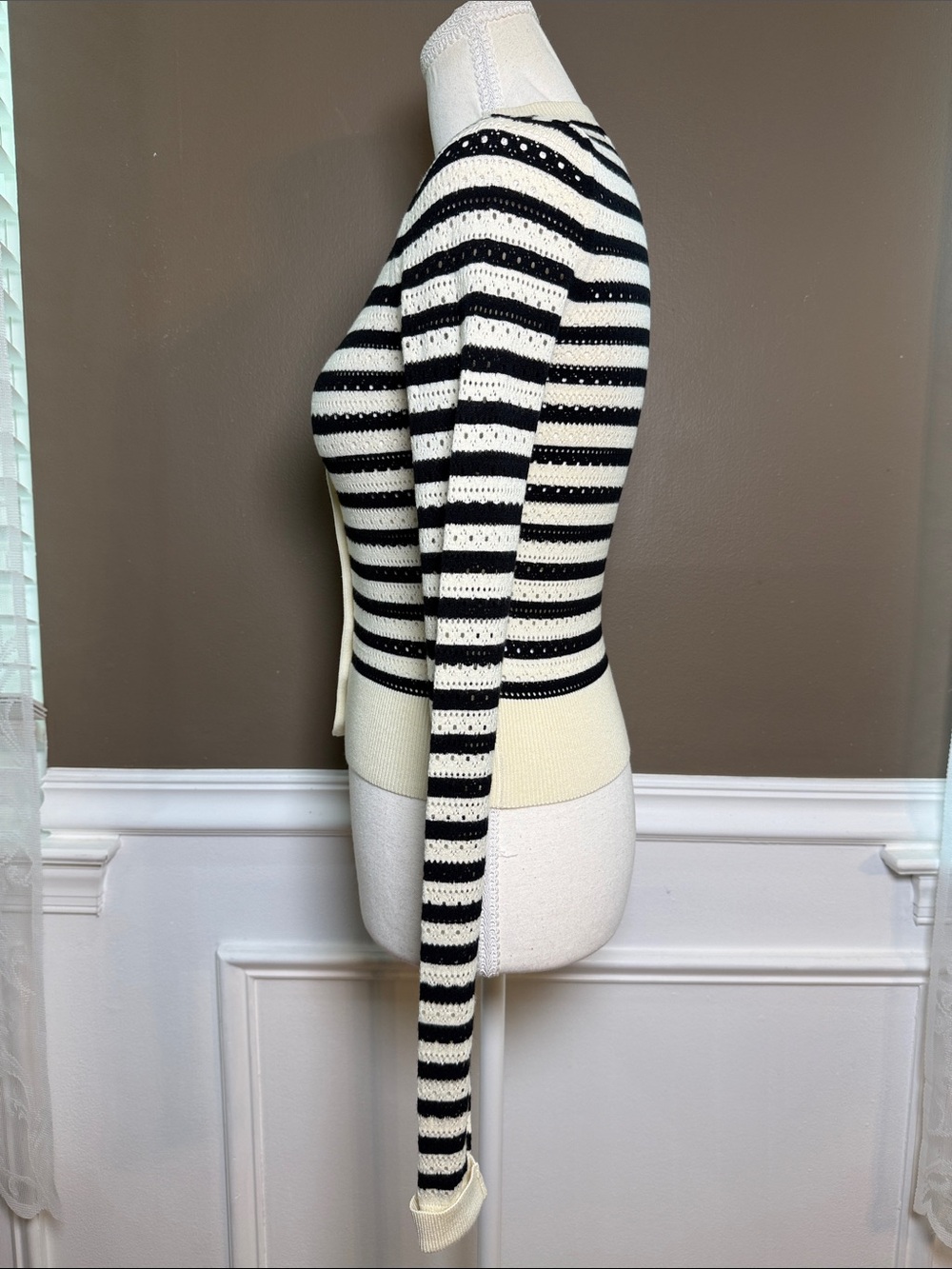 Amanda Uprichard Seine Cardigan XS Black Cream Striped Pointelle Crop - Picture 3 of 10